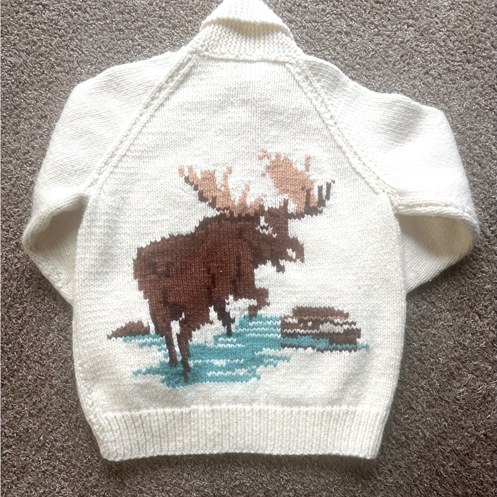 VTG Cowichan Sweater Medium 60s Hand Knit 100% Wool Brown Green Elk Moose Jacket